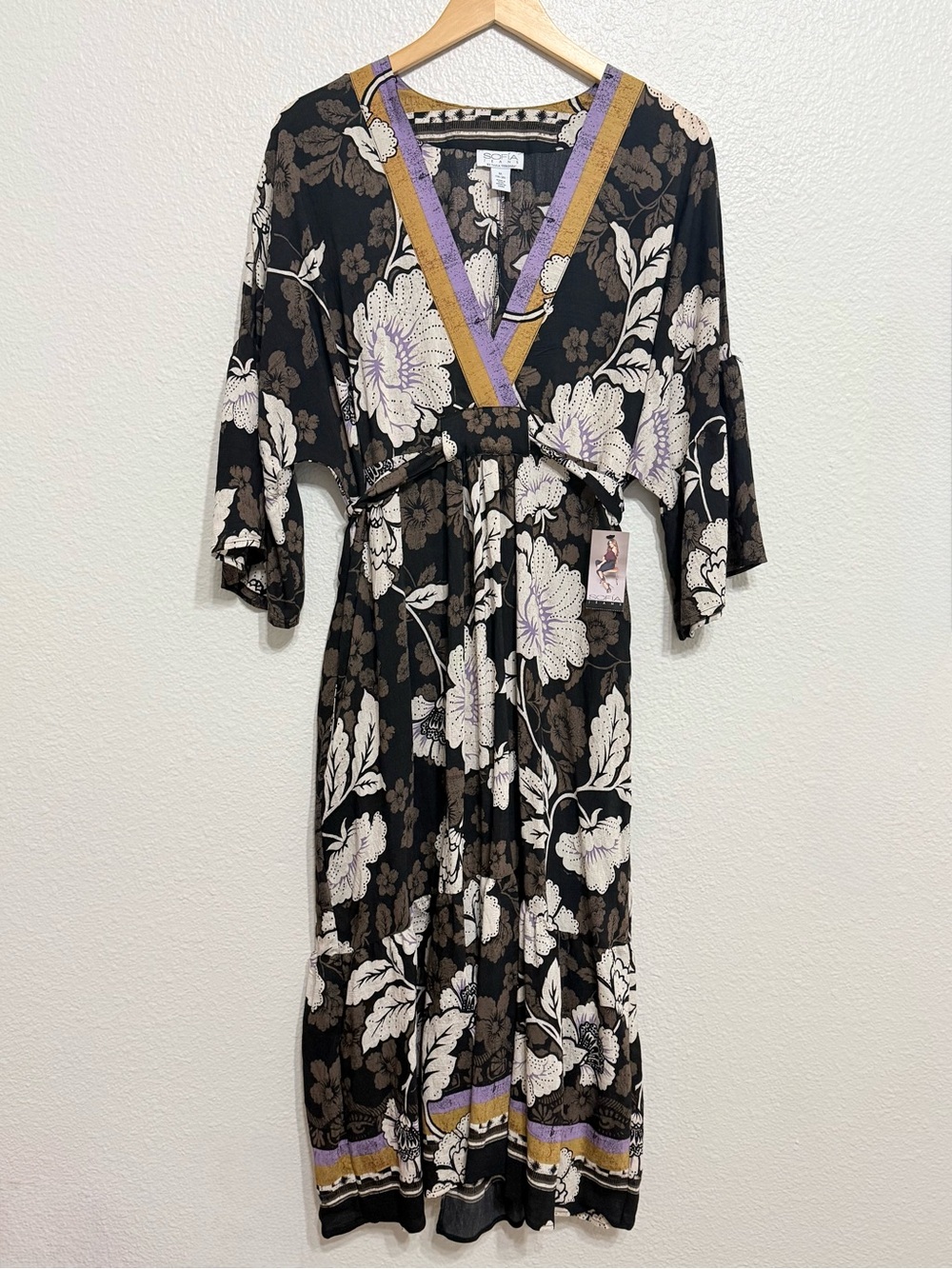Black Floral V-Neck Midi Dress with Cream & Purple Trim